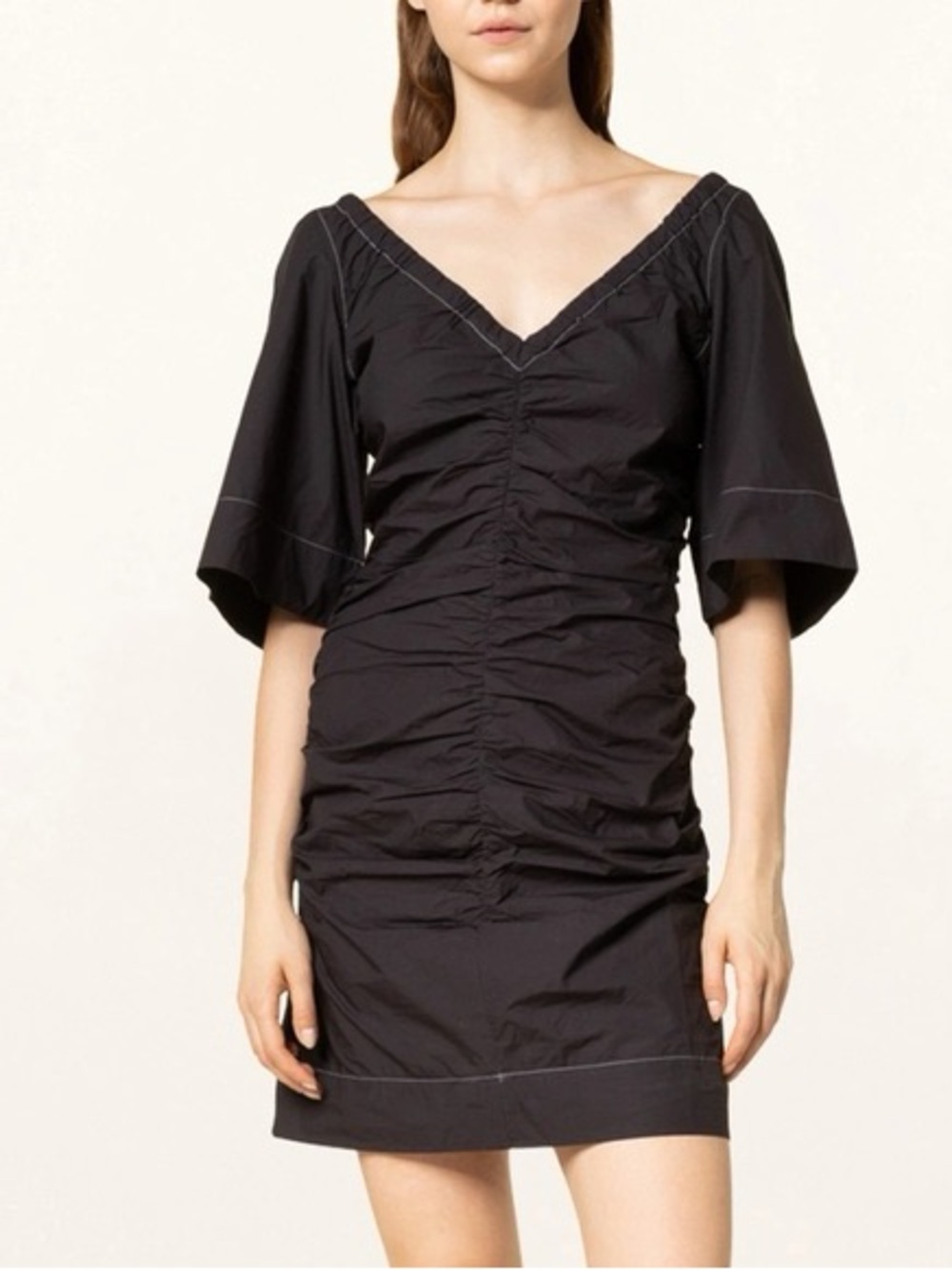 NWT Ganni 100% Cotton Black Ruched Poplin Mini Dress Size 34/2